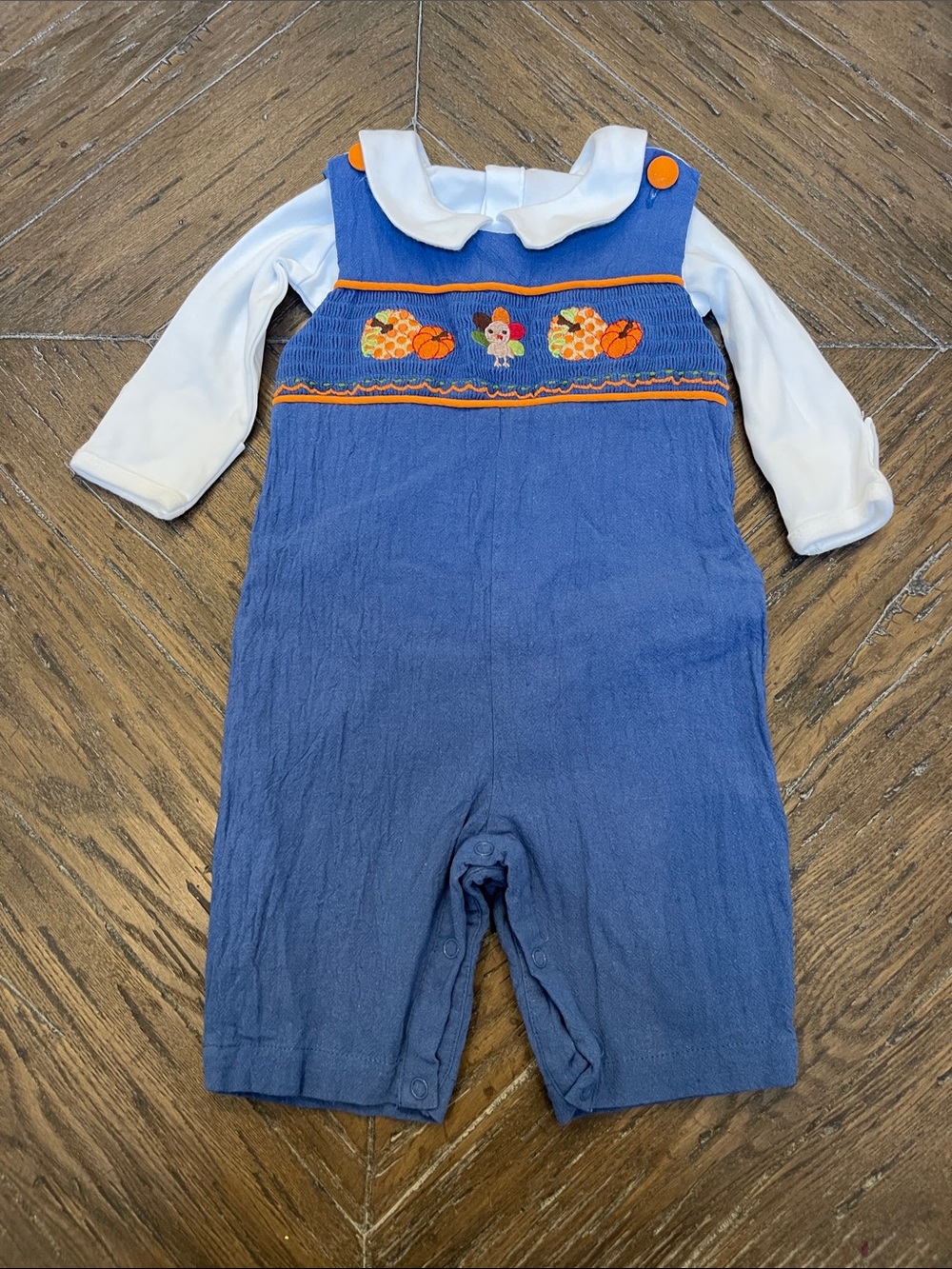 Lil Cactus Blue Baby Thanksgiving Smocked Romper with Peter Pan Collar Onesie